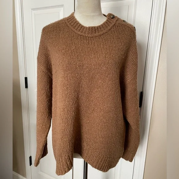 J. Crew Alpaca Blend Tan Button Shoulder Sweater Medium - Picture 1 of 7